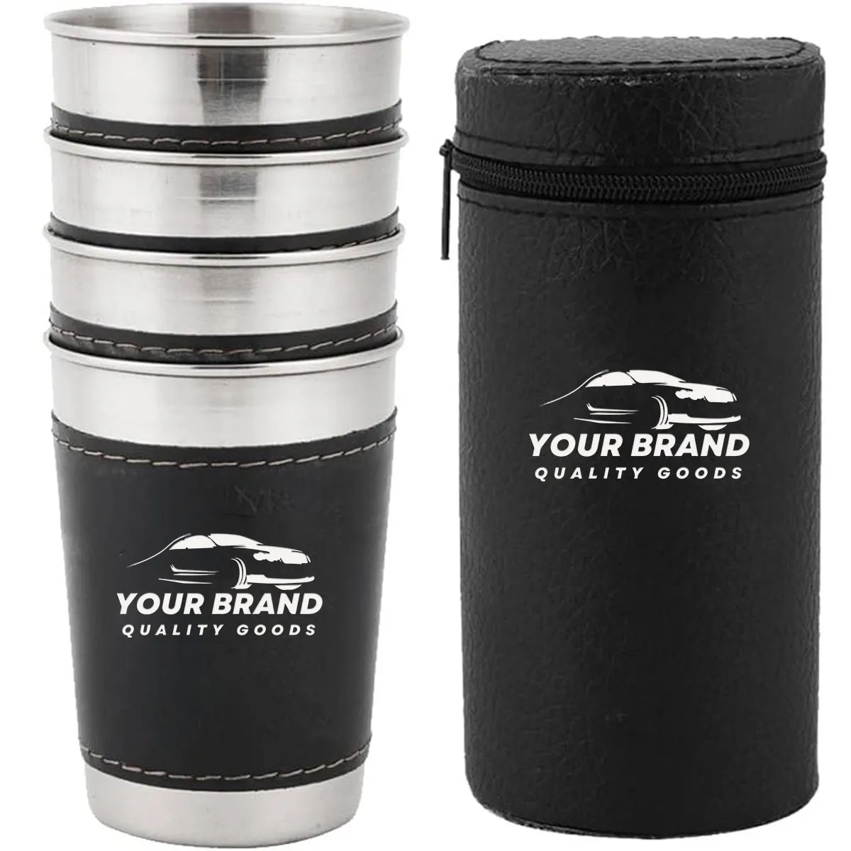 6oz.  Portable Stainless Steel Cups Set With Leather Cover 1