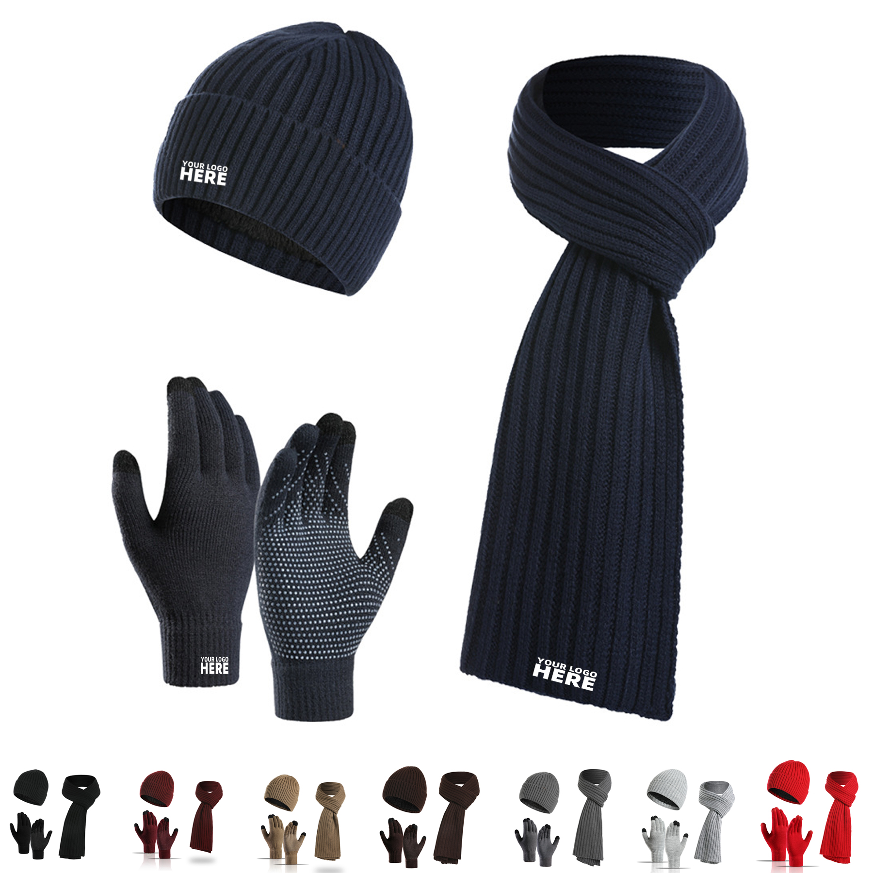 Winter Knit Hat Beanie Long Scarf Touchscreen Gloves Set 2