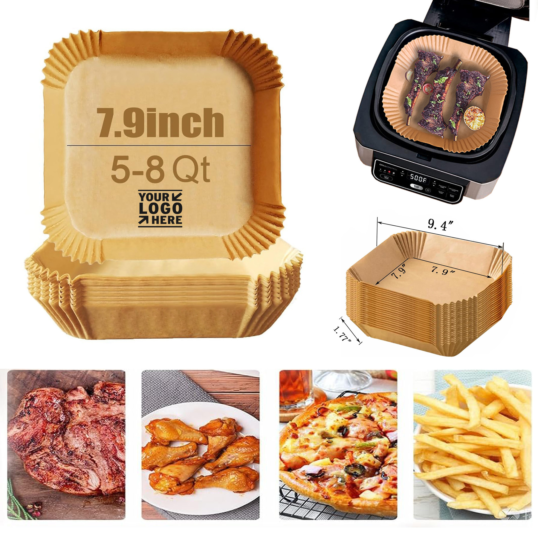 7.9In Square Waterproof Oil-Proof Air Fryer Non-Stick Baking Parchment Disposable Paper Liner