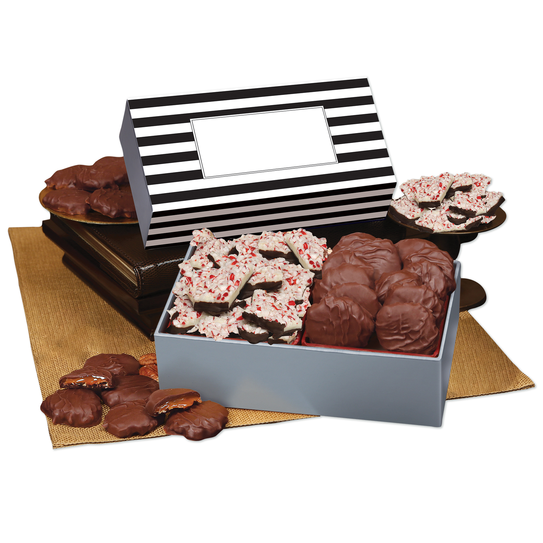 Peppermint Bark & Pecan Clusters in Gift Box with Stripes Sleeve 2