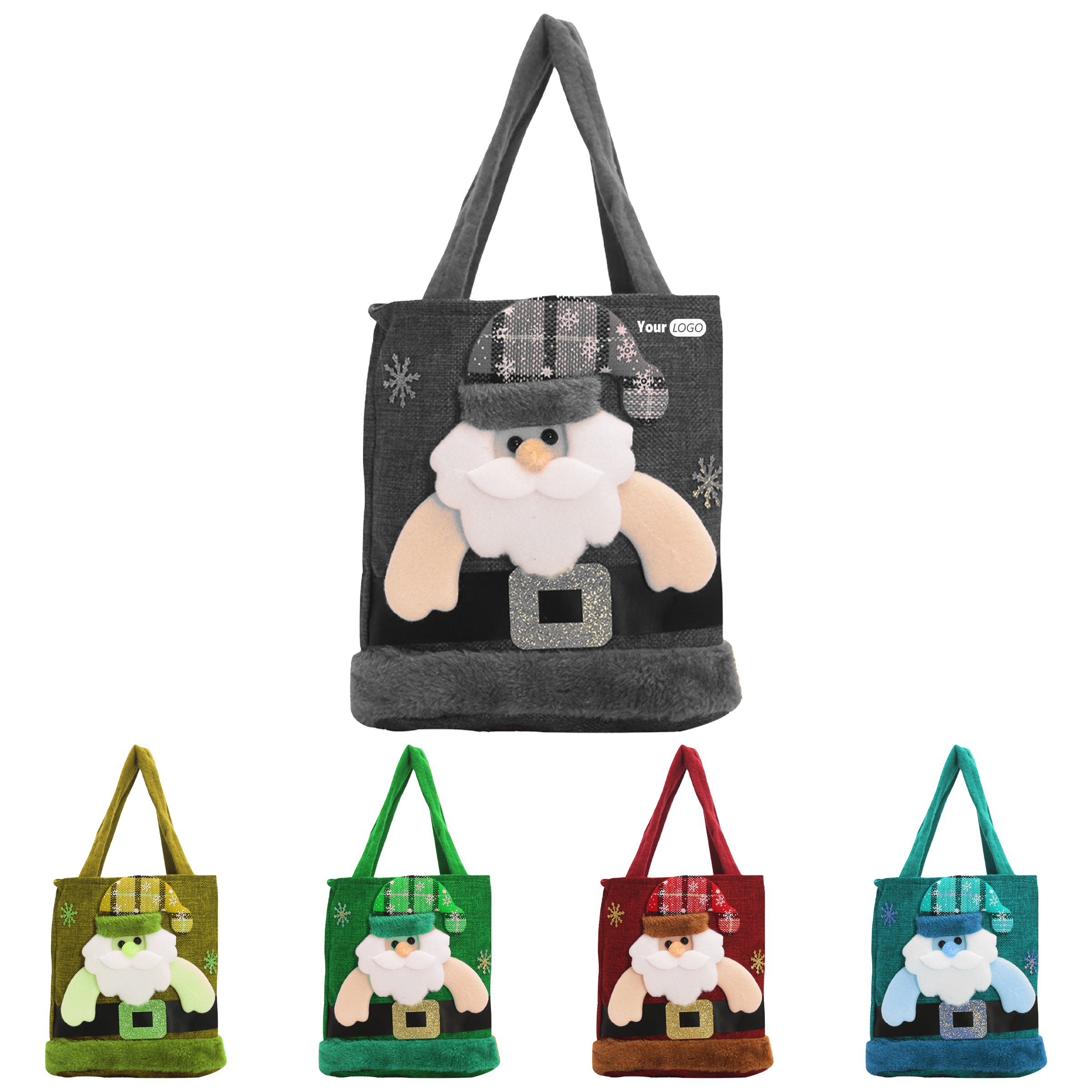 Jute Christmas Tote Bag With Cute Holiday Character Design, custom tote bag with logo imprint 2