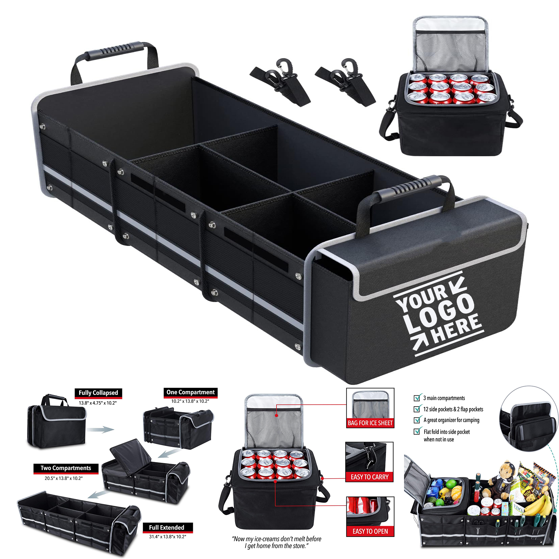 Foldable Waterproof Trunk Organizer with Insulated Cooler Bag Adjustable Securing Straps