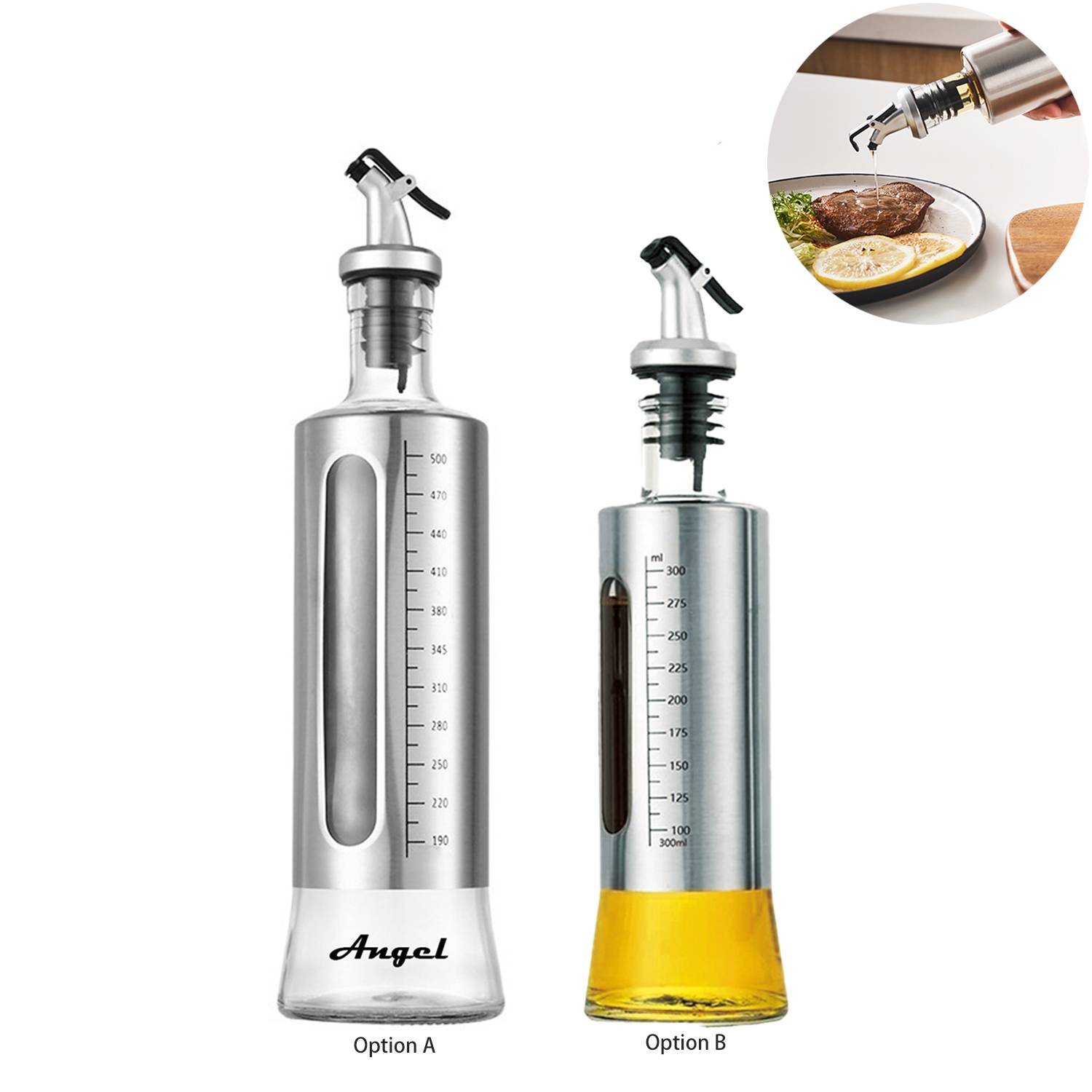 10/17oz Stainless Steel Glass Oil Dispenser w/ Scale 2