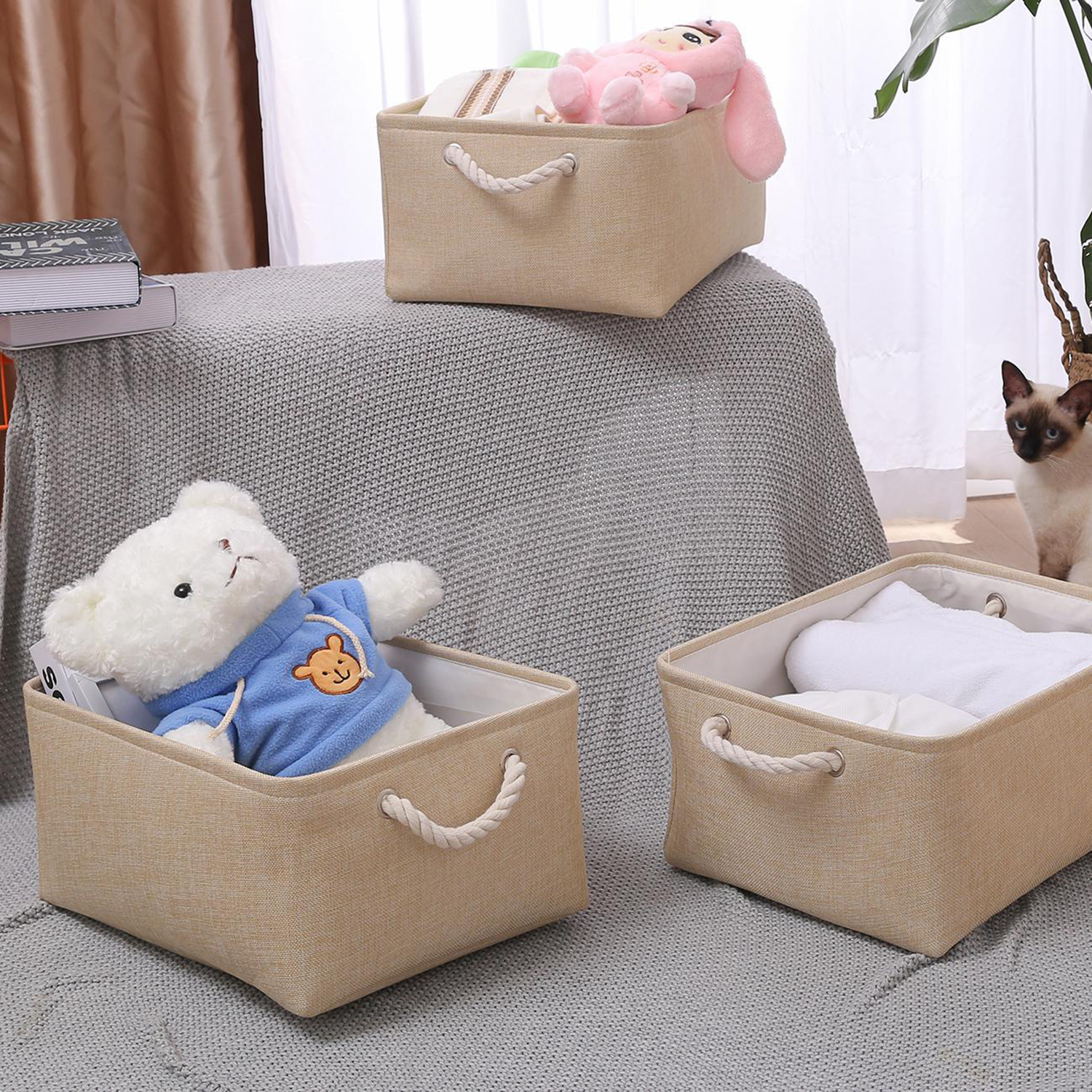 Durable Fabric Rectangular Storage Box with Rope Handles 5