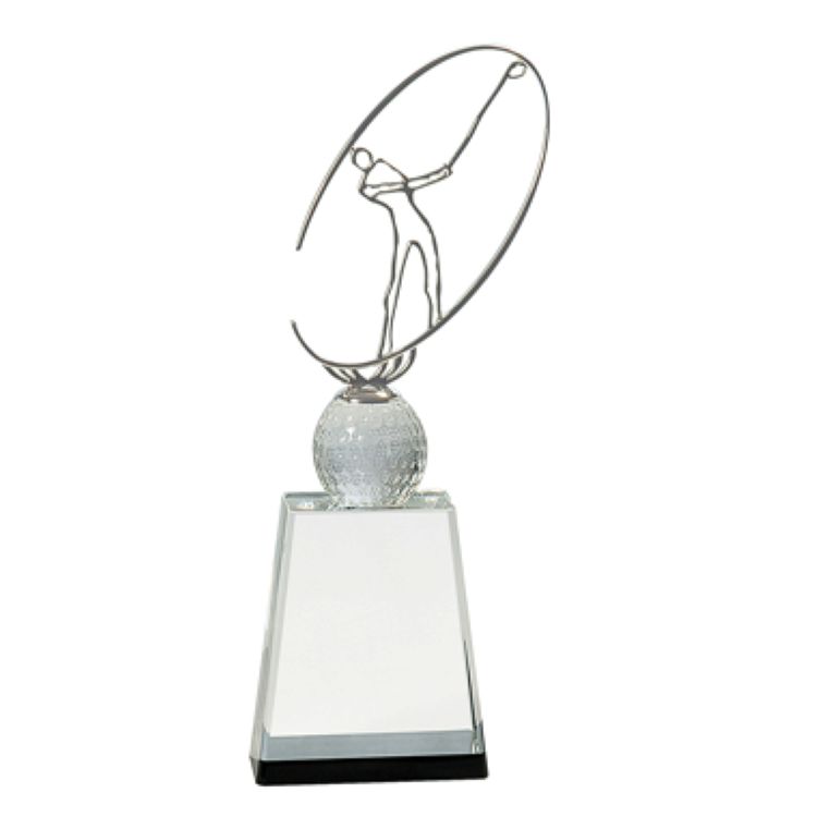 10 Inch Clear/Black Crystal Golf Award with Silver Metal Oval Figure 1