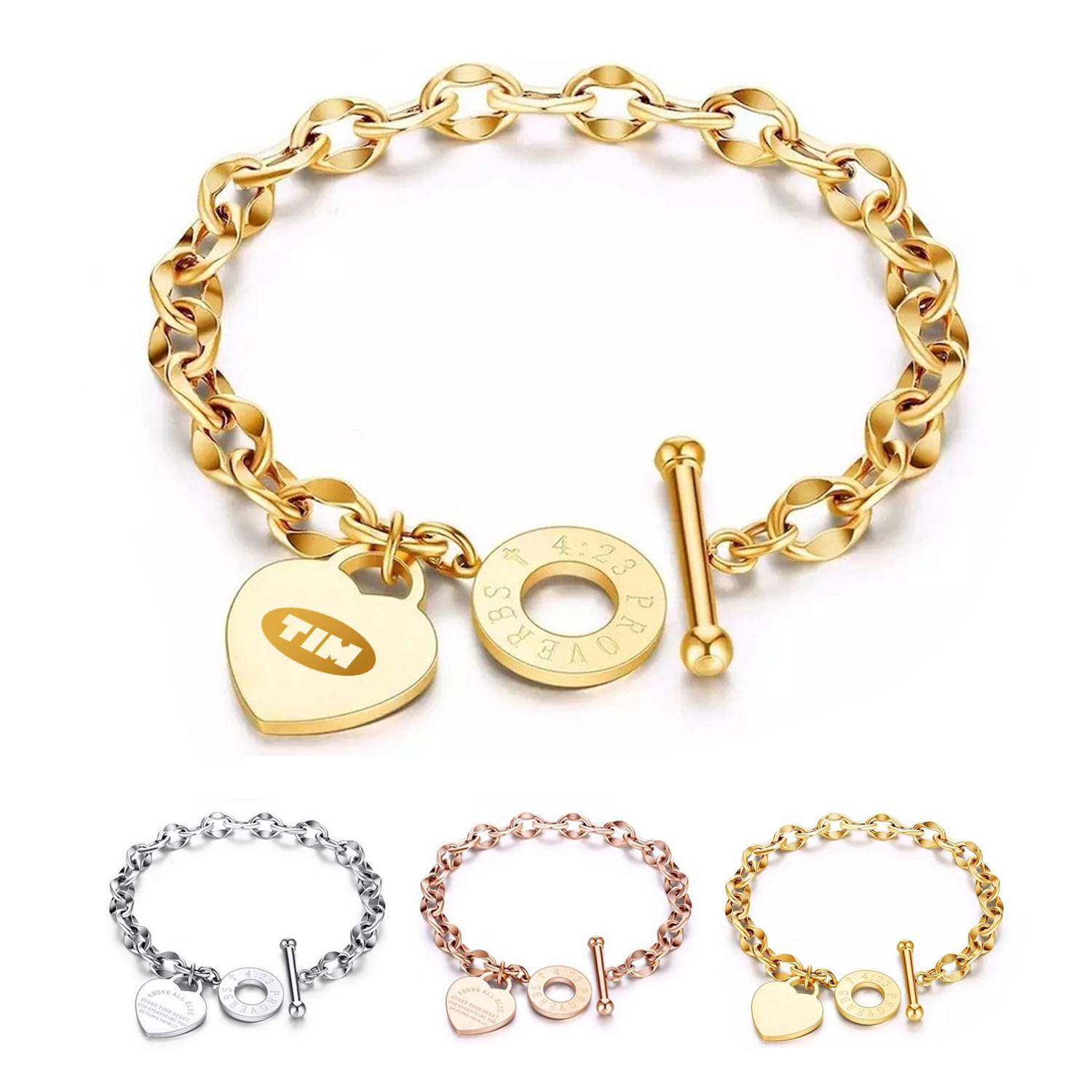 Titanium Steel 18K Gold Plated Heart Charm Bracelet 6