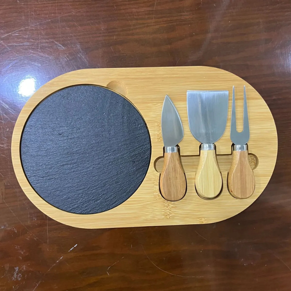 Bamboo Cheese Board Set w/ Slate & 3 Knives Party Home 2