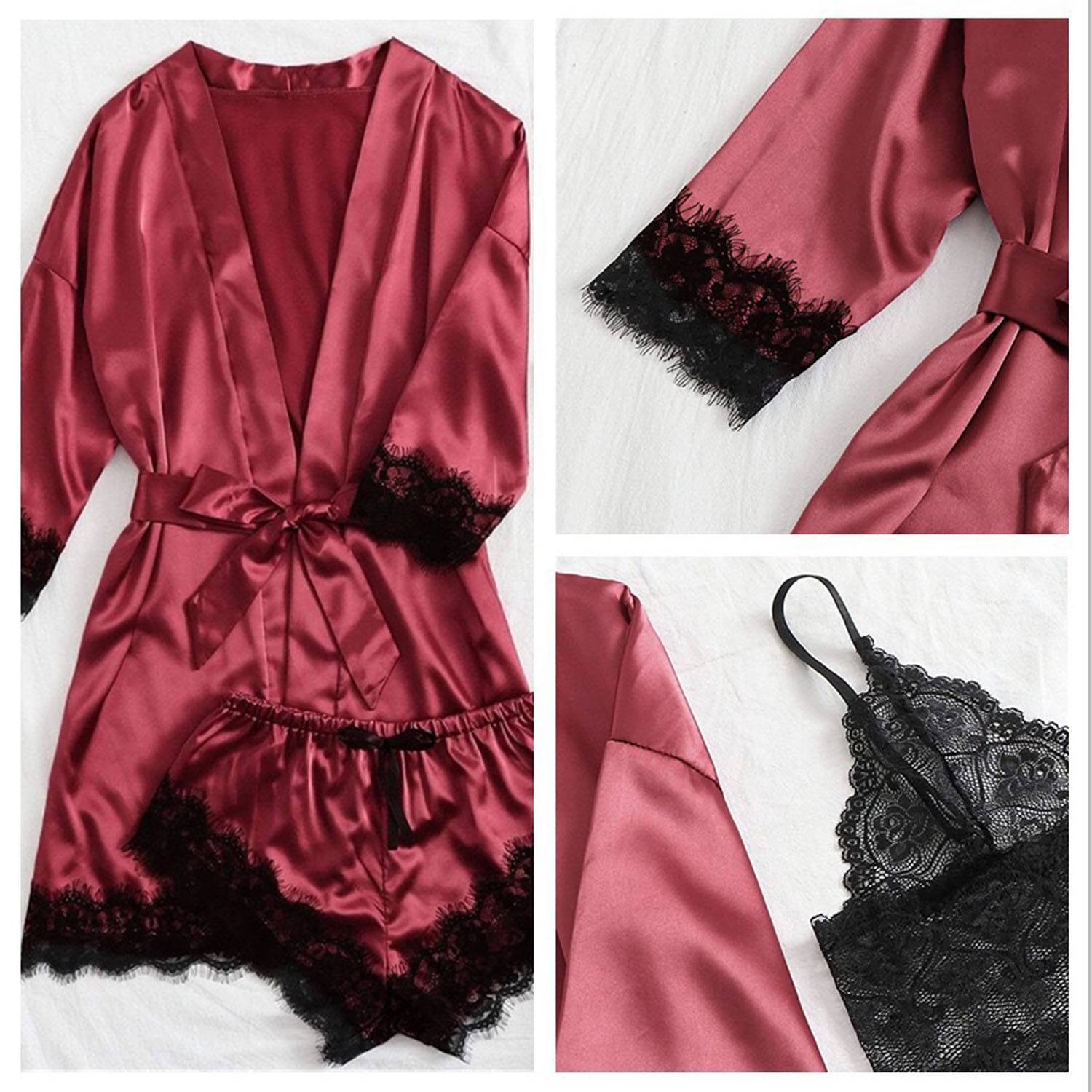 4-Piece Women Silk Soft Lace Satin Pajama Set w/ Robe 3
