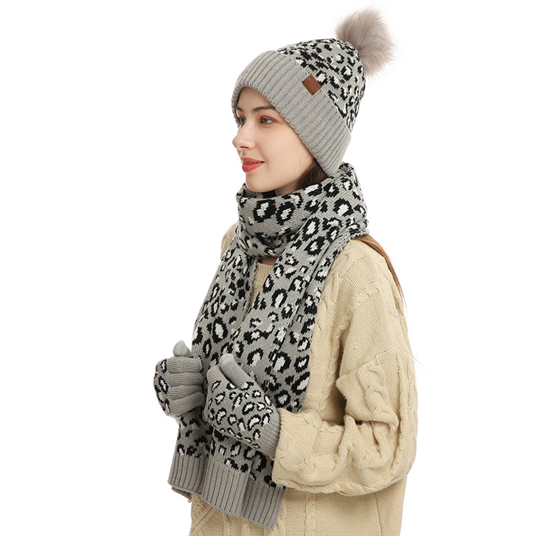 3 Piece Leopard Pom-pom Beanie Gloves Set 7