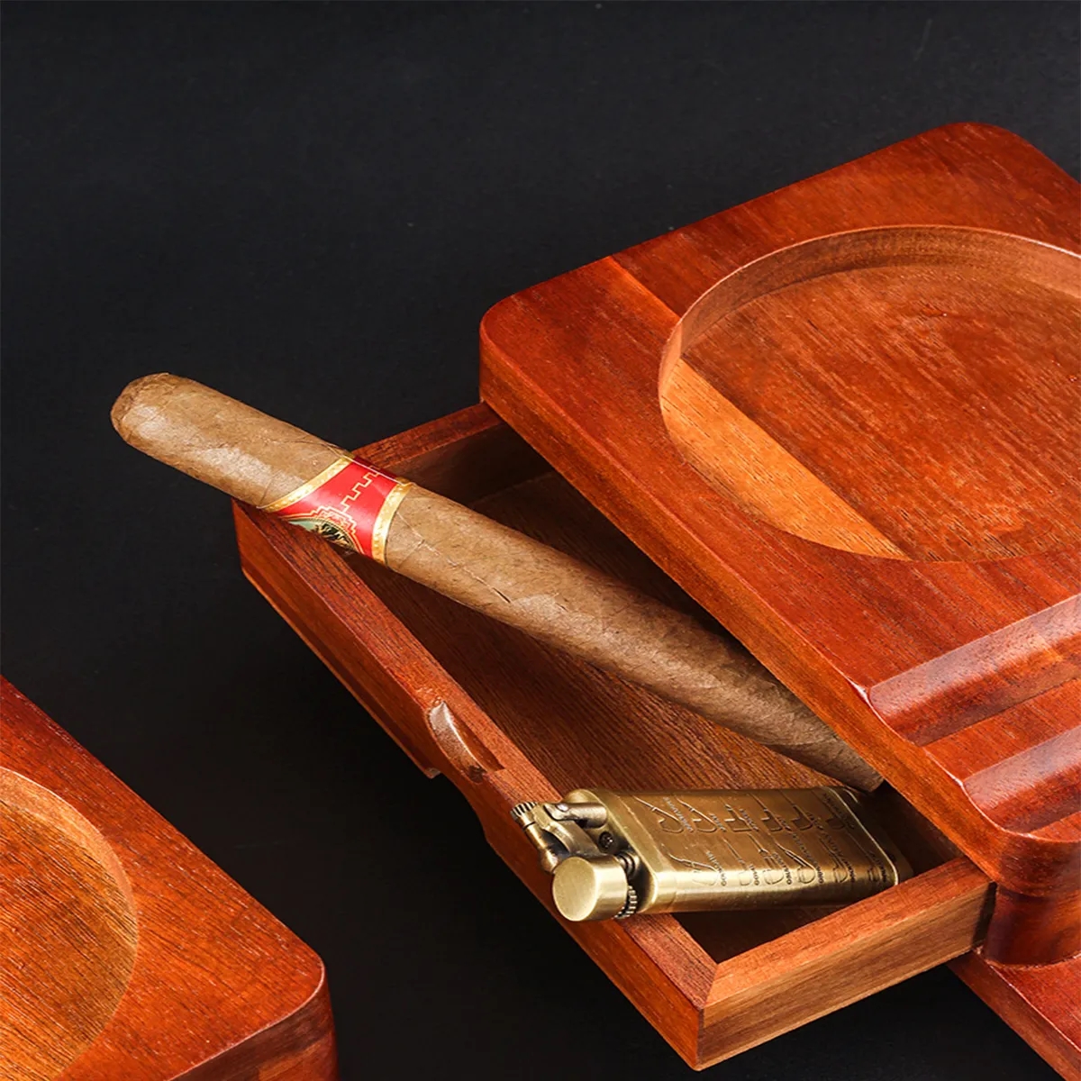 Wooden Cigar Humidor Ashtray Coaster Whiskey Glass Tray Set 5
