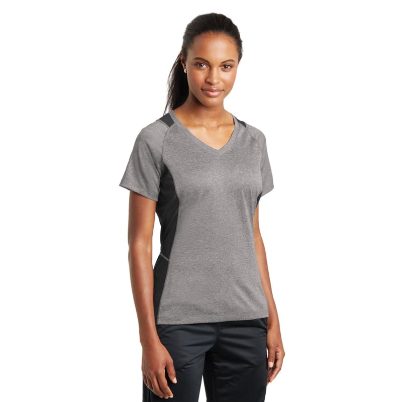 Sport-Tek Women's Heather Colorblock Contender V-Neck Tee. 14