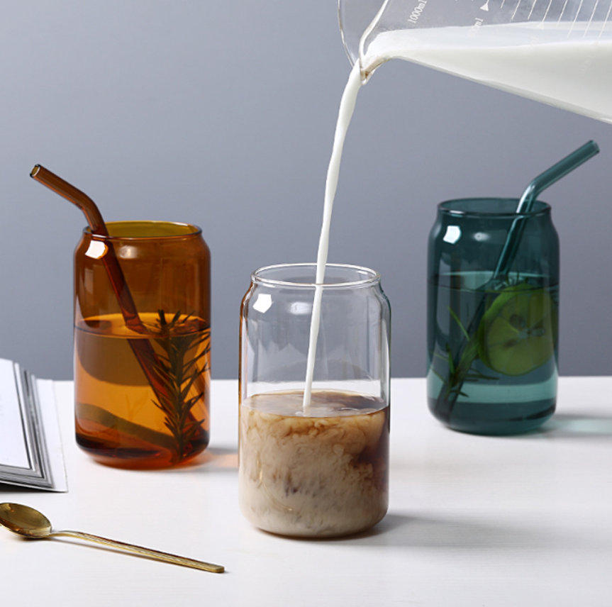 Colored Glass Can with Glass Straw 2