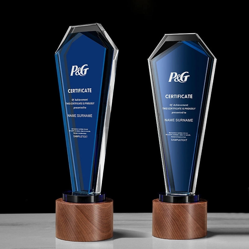 Plaque Design Blue Crystal Trophy with Wooden Base 3