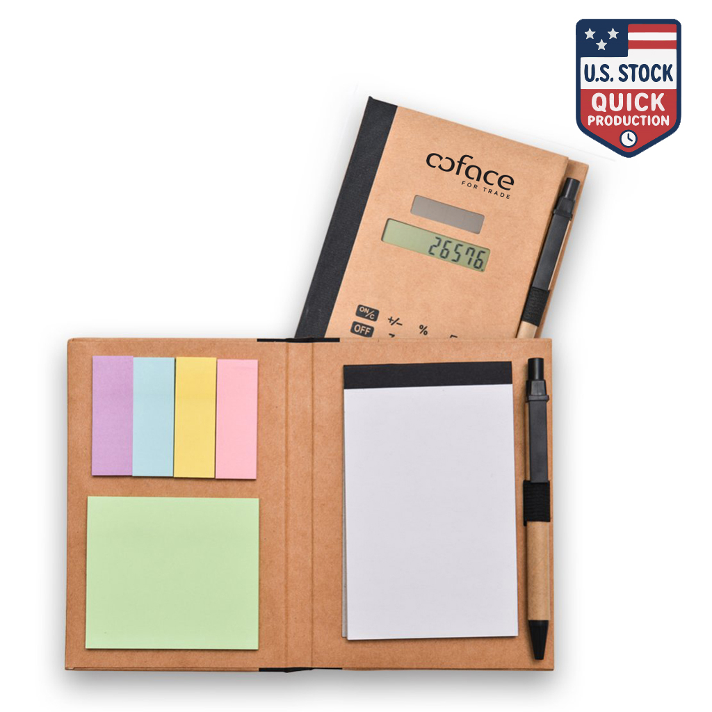 Eco-Friendly Recycled Solar Calculator Gift Set with Pen, Notepad, Sticky Notes & Flags 1
