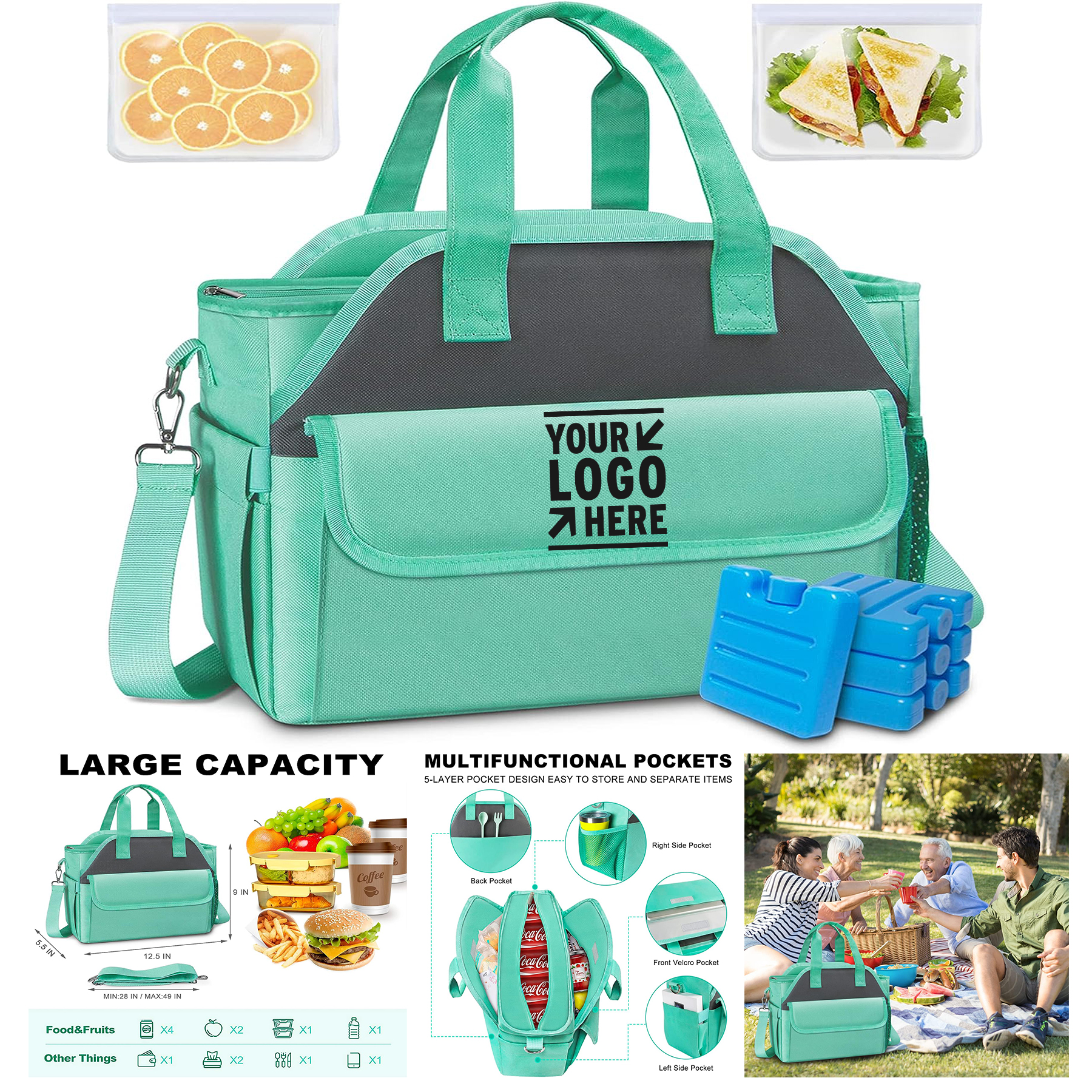 Women Adult Leakproof Removable Shoulder Strap Insulated Multi-Pocket Cooler Tote Lunch Bag 2