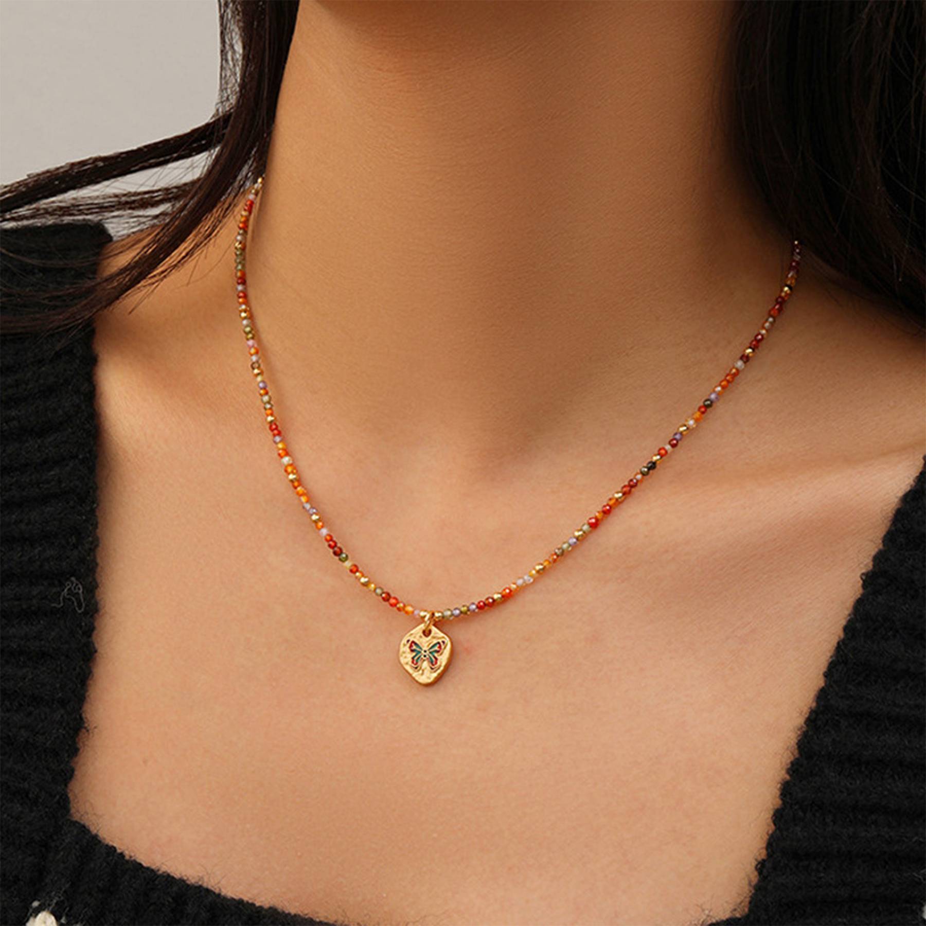 Brass Colorful beaded butterfly necklace bracelet set 4