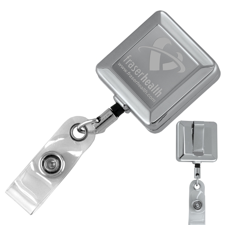 32" Cord Square Chrome Solid Metal Retractable Badge Reel and Badge Holder with Laser Imprint
