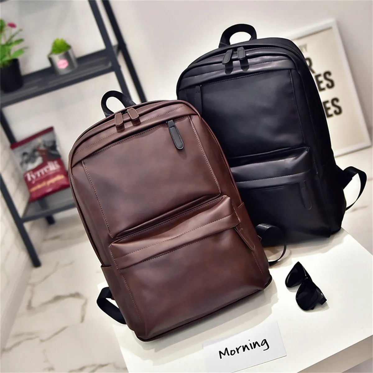 Laptop Backpack PU Leather Casual Daypack Work Travel 3