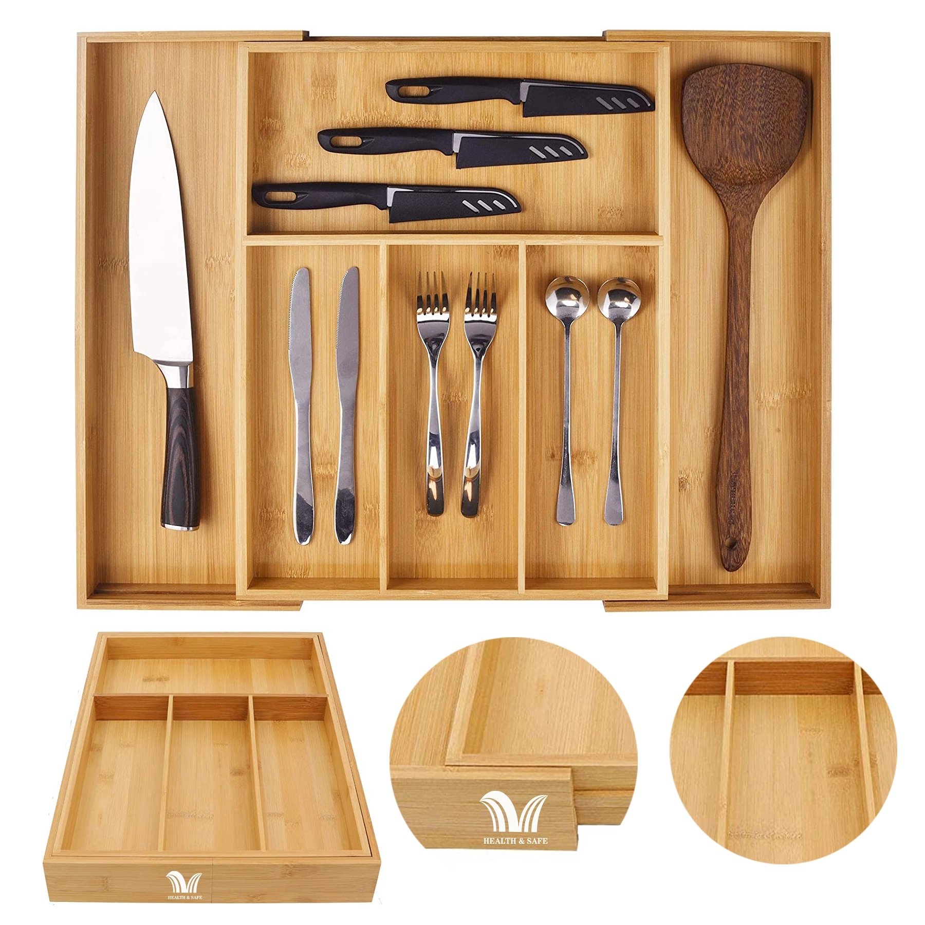 Bamboo Kitchen Silverware Adjustable Drawer Organizer 6Slot 2
