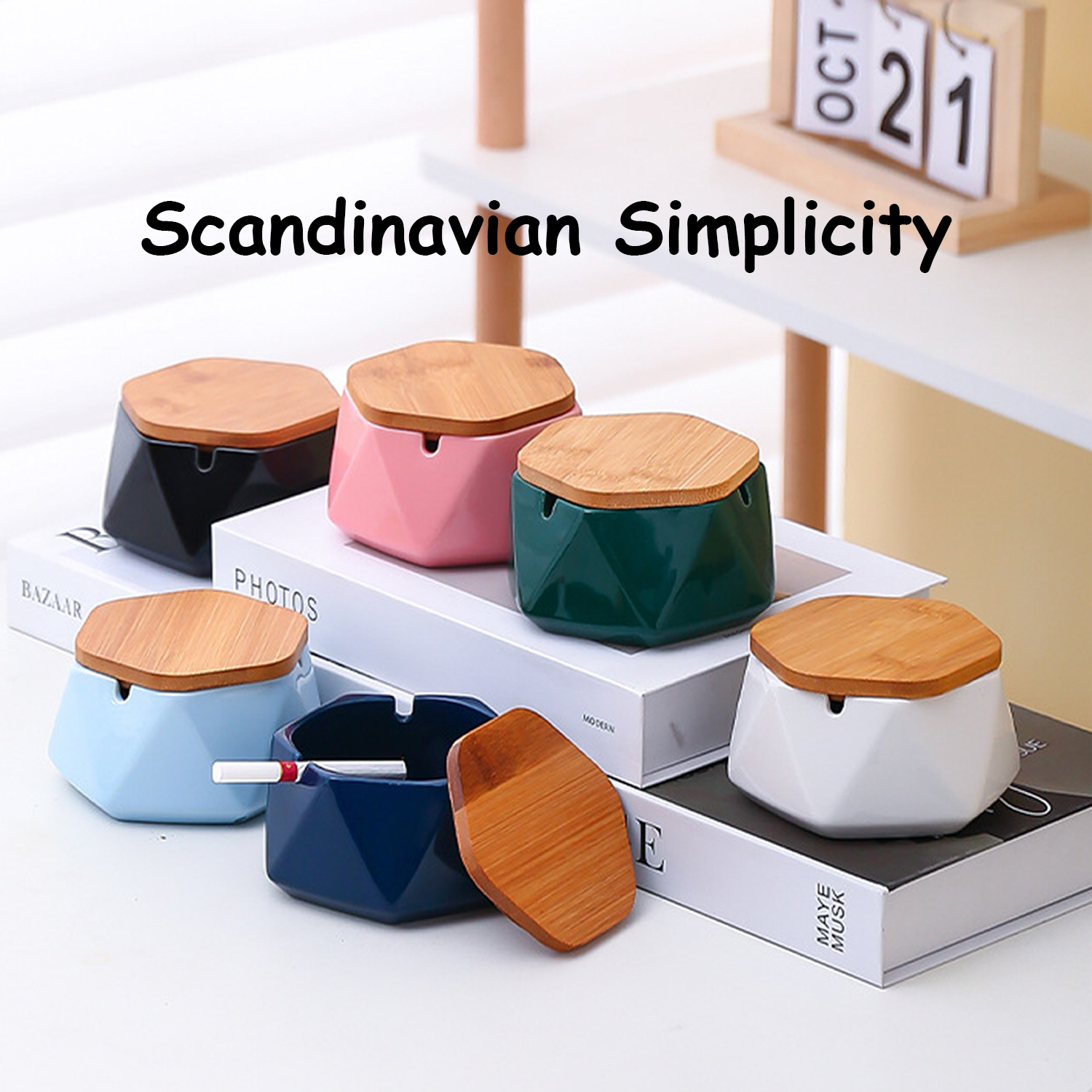 Simple Ceramic Ashtray w/ Bamboo Lid 6