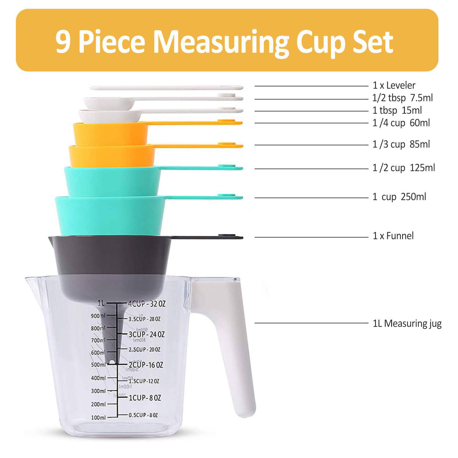 9-Piece Nesting Clear ABS Kitchen Measuring Set 6