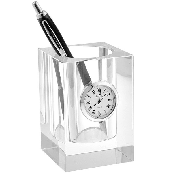 Square Crystal Glass Pen Holder with Clock 2