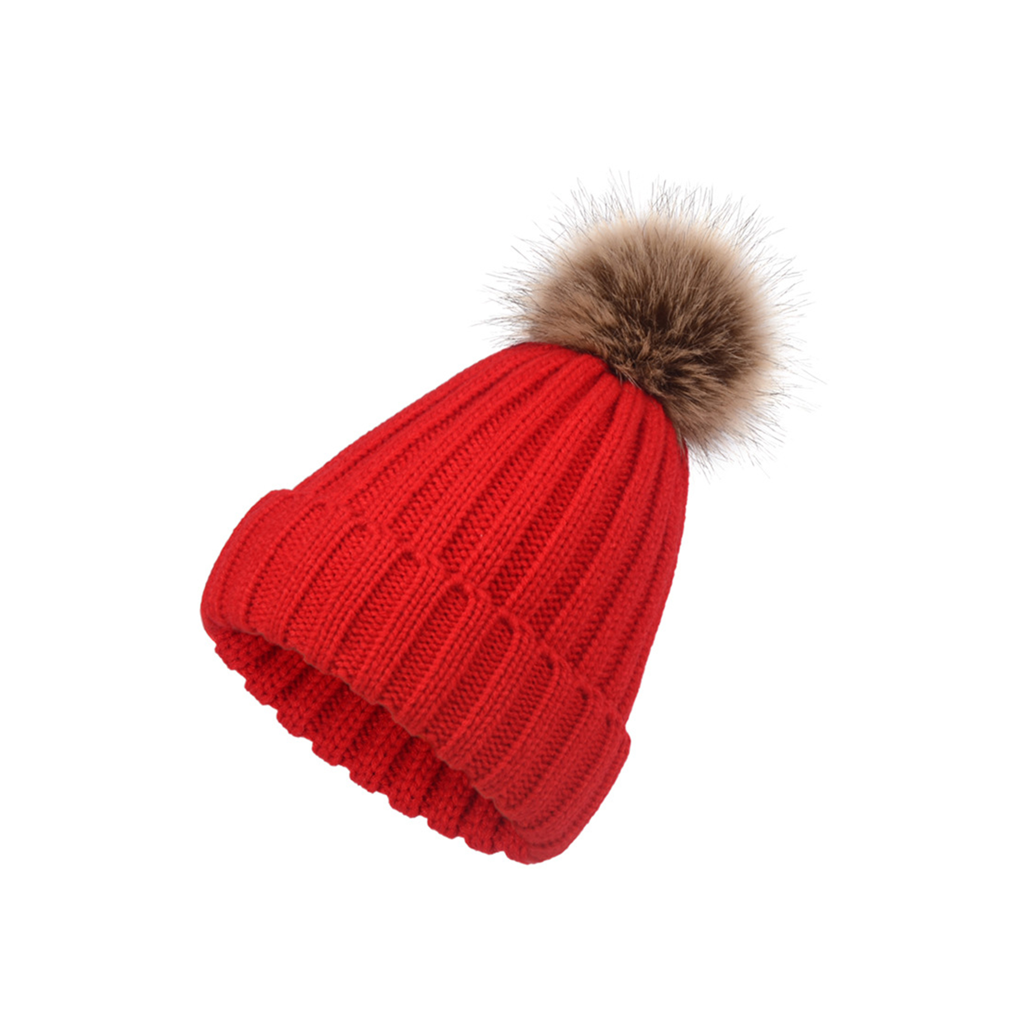 Acrylic Knit Winter Hat With Removable Faux Fur Pom 15