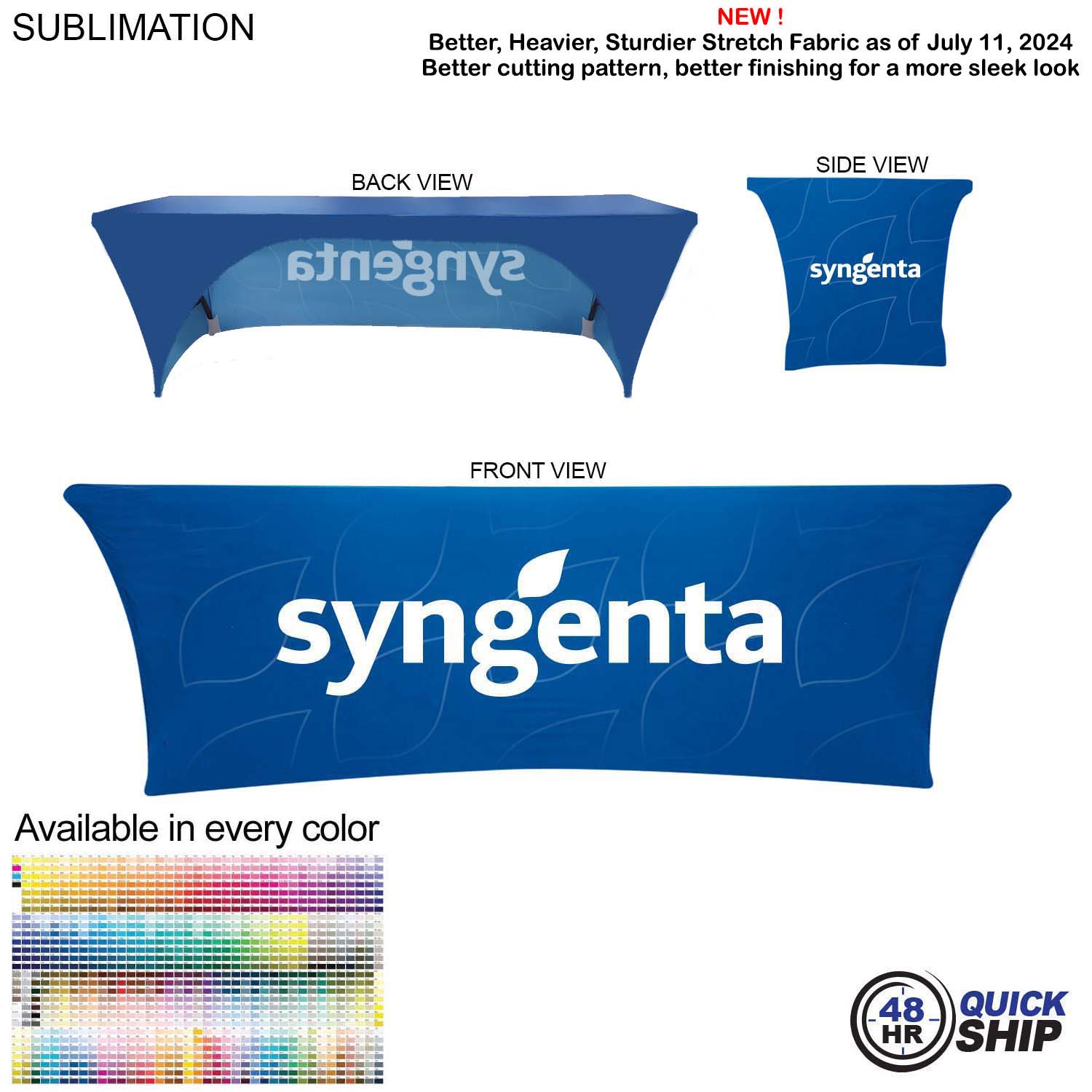 48 Hr Quick Ship - Sublimated Stretch Curved Fit Table Throw for 8ft table, 3 sided, Open Back 9