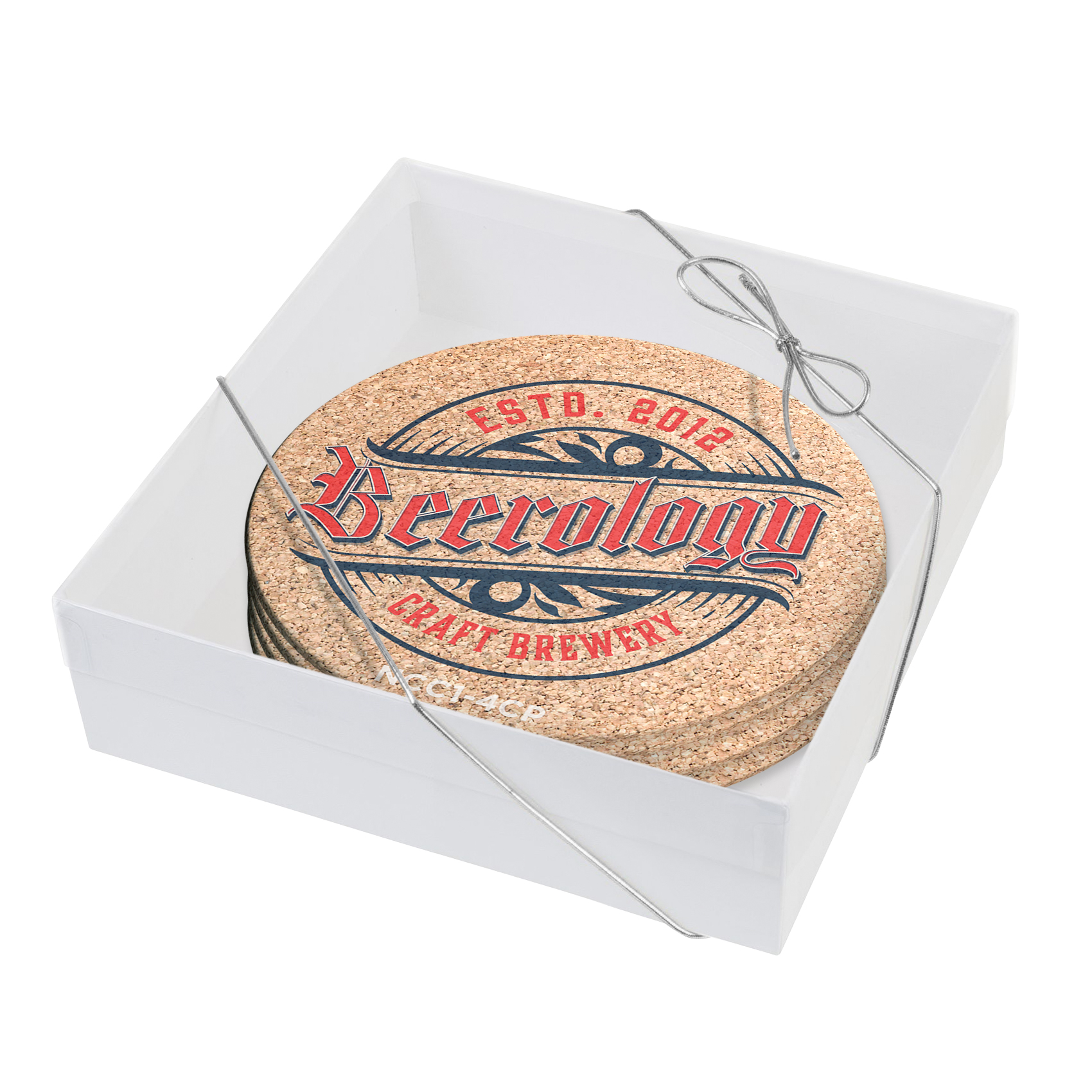 Set of 4 Natural Cork Coasters 3/16" (3.5" dia.) Full Colour Imprint Gift Boxed