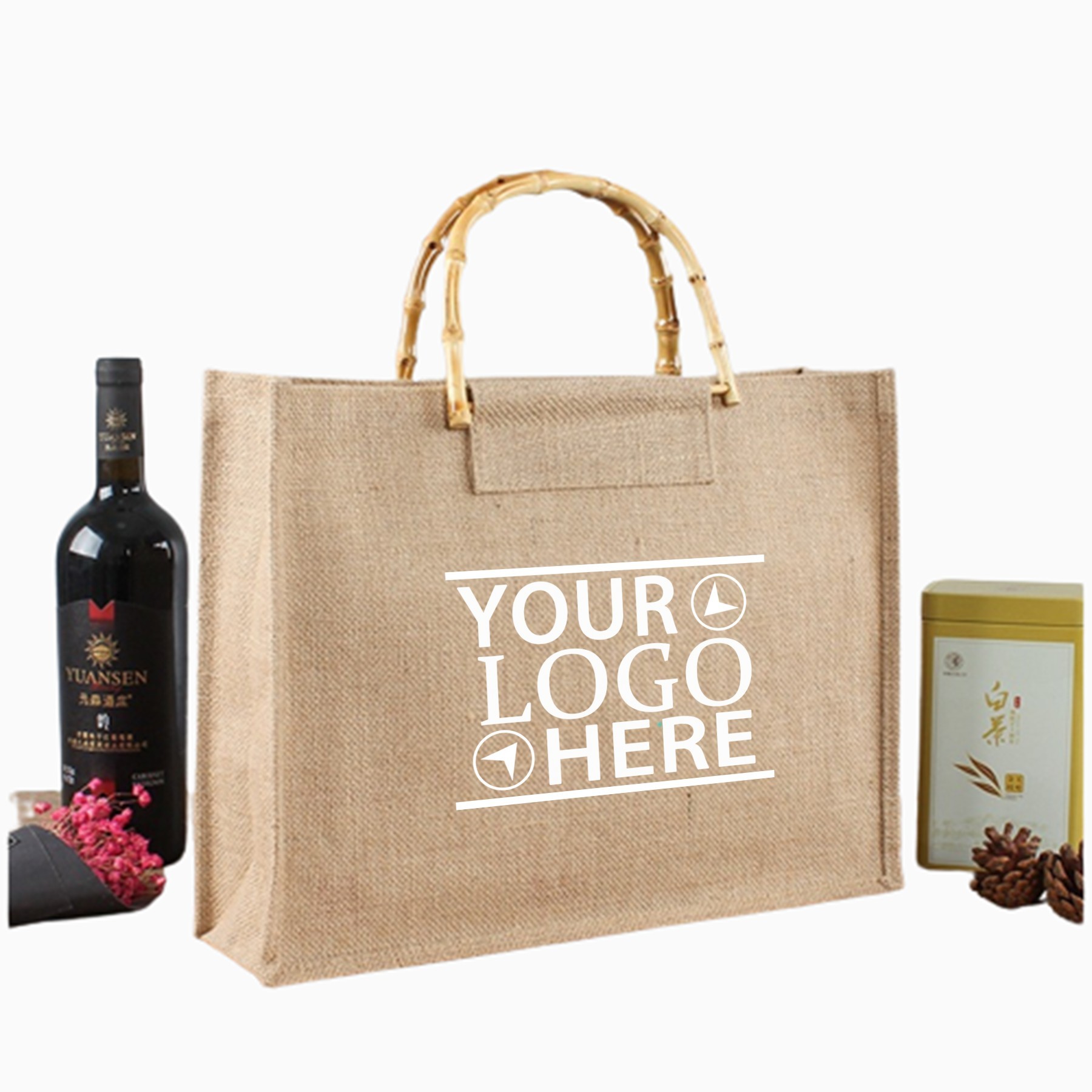 Burlap Tote Bag With Bamboo Handle