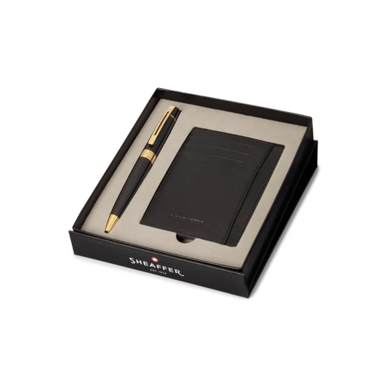 SHEAFFER® Executive Gift Set Glossy Black Gold Trim 300 Ballpoint Pen with Credit Card Holder 6
