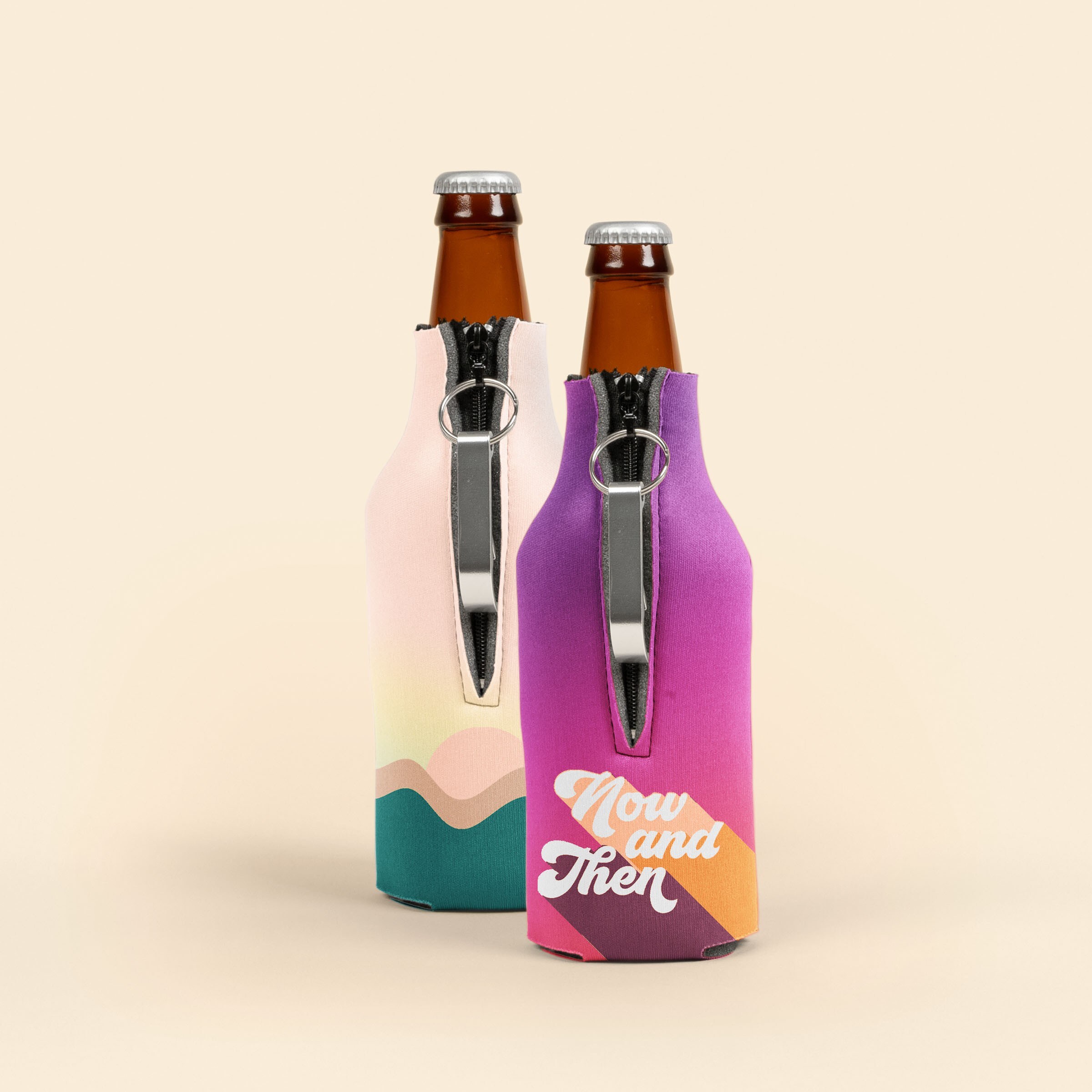 ZIPPERED BOTTLE COOLIE 4CP WITH BLANK BOTTLE OPENER