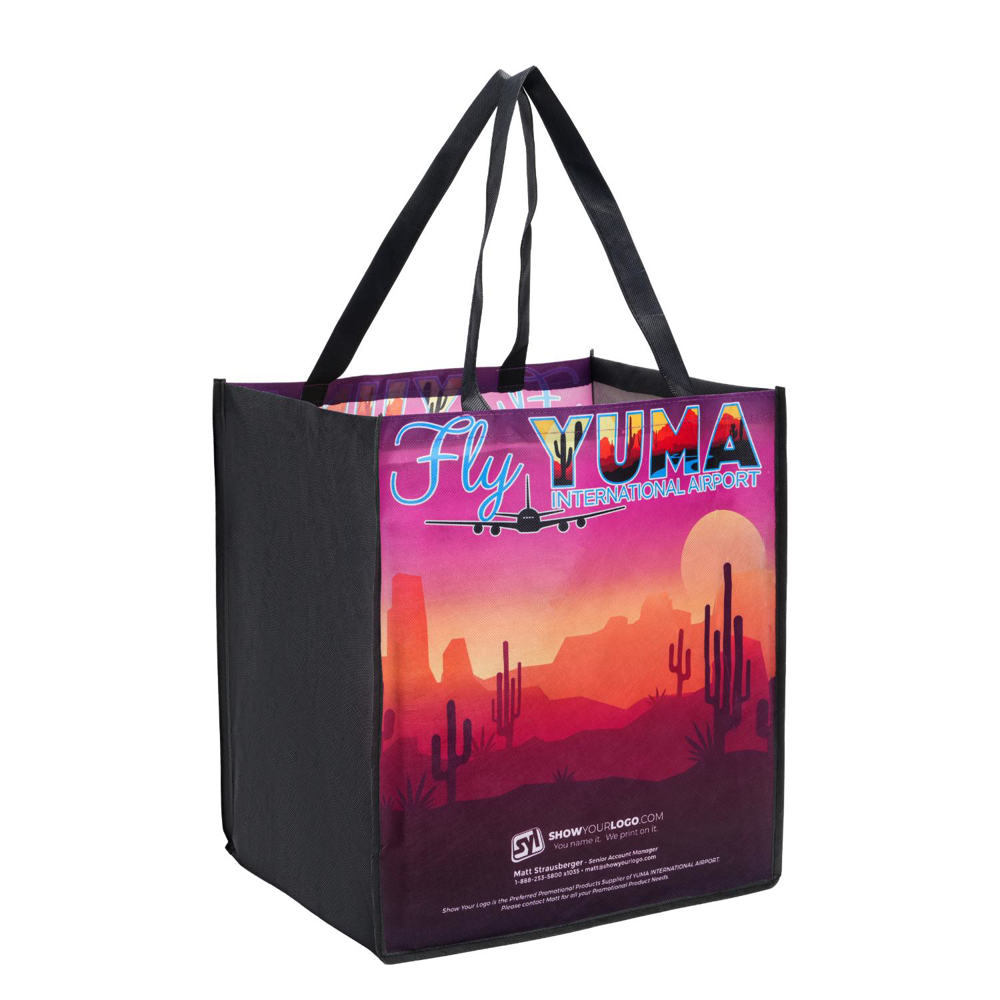 Rock'it 3-Day Sublimated PET Non-Woven Grocery Tote Bag w/ Gusset - 2 Sided (13" x 15" x 10")