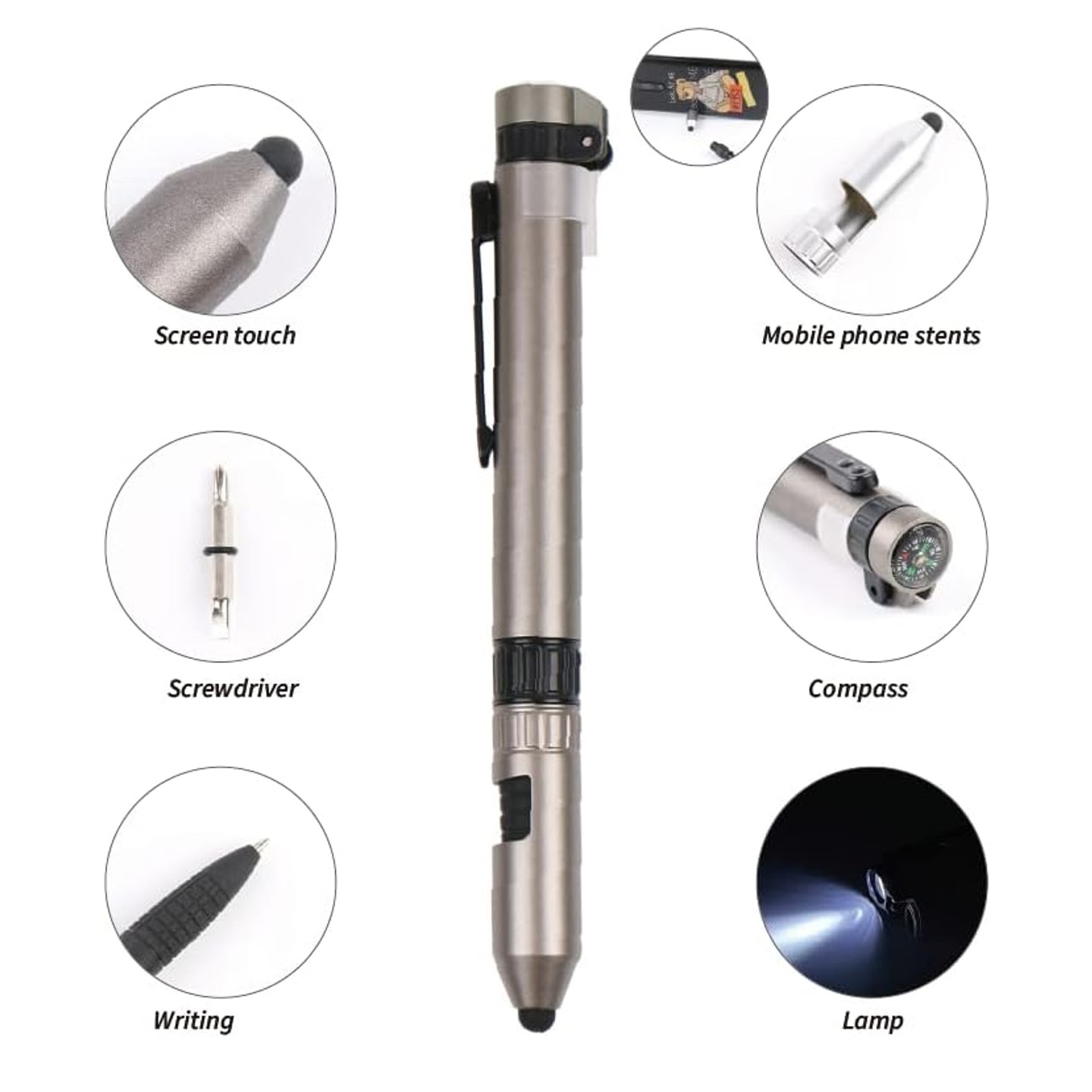 6 in 1 Military Pen with Stylus, Phone Stand, Compass Screwdriver,Torch & Tools 8