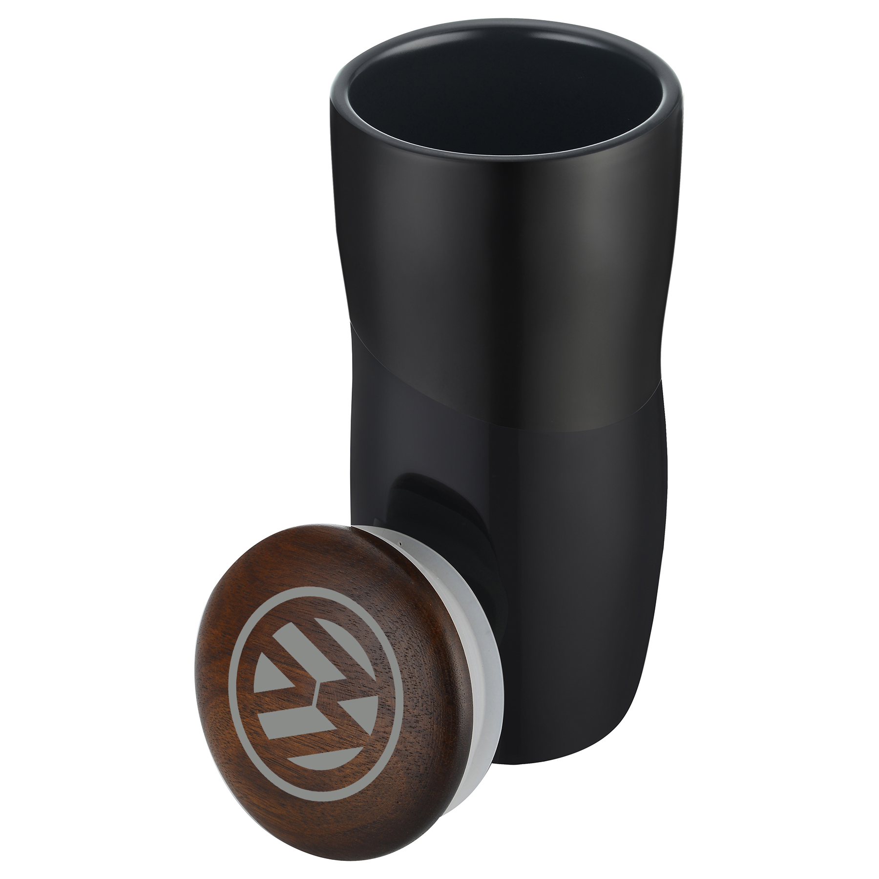 Imari Double Walled 12oz Ceramic Tumbler with Two-Tone Design and Wood Lid 12