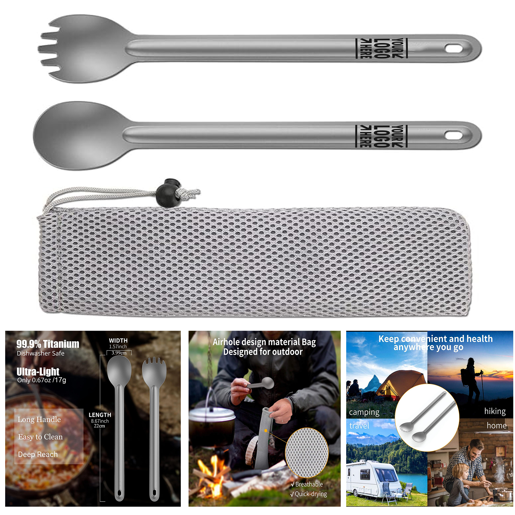 Camping Travel Durable Eco-Friendly Titanium 8.7 Inch Long Handle Spork Soup Spoon Set
