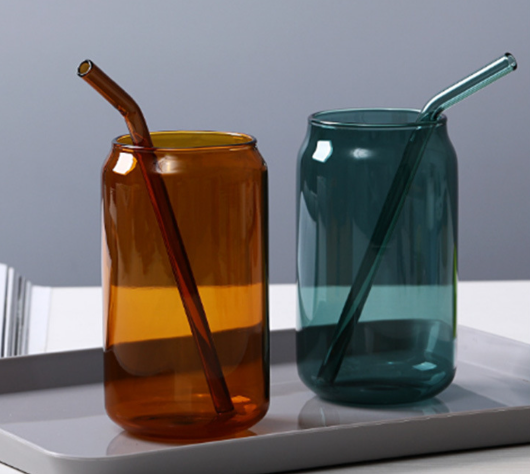 Colored Glass Can with Straw 2