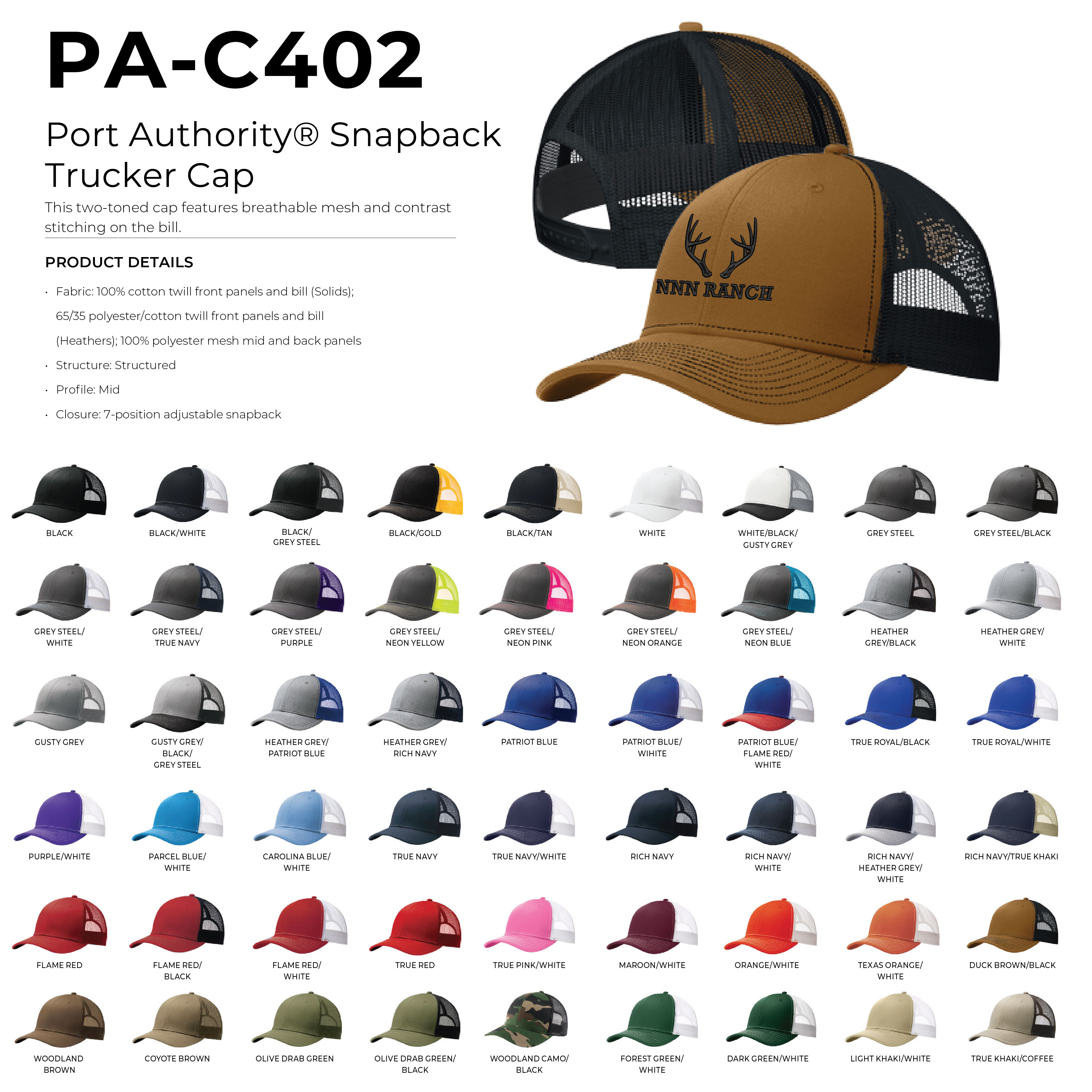 Port Authority C402 6-Panel Snapback Trucker Hat w/Leatherette Adhesive Patches or Embroidery 12