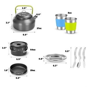 15pcs Camping Cookware Mess Kit 4