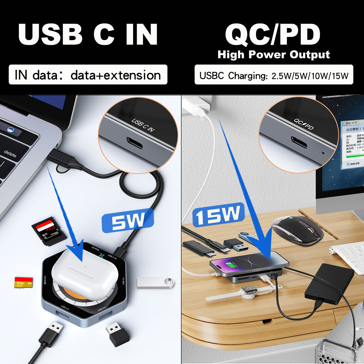 Hexagon Shaped 15W Magnetic Fast Wireless Charger, USB Hub and Card Reader With QC and PD 1