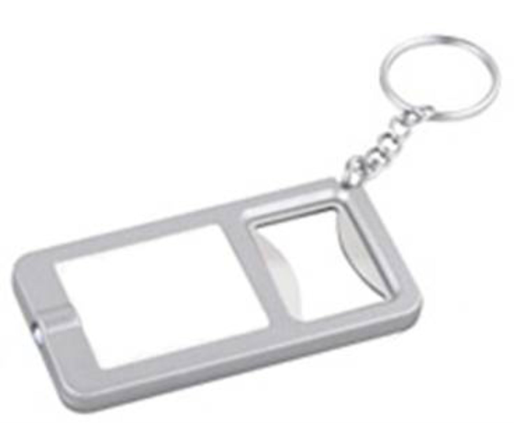 Silver/White Bottle Cap Opener with Key Chain attached. 1