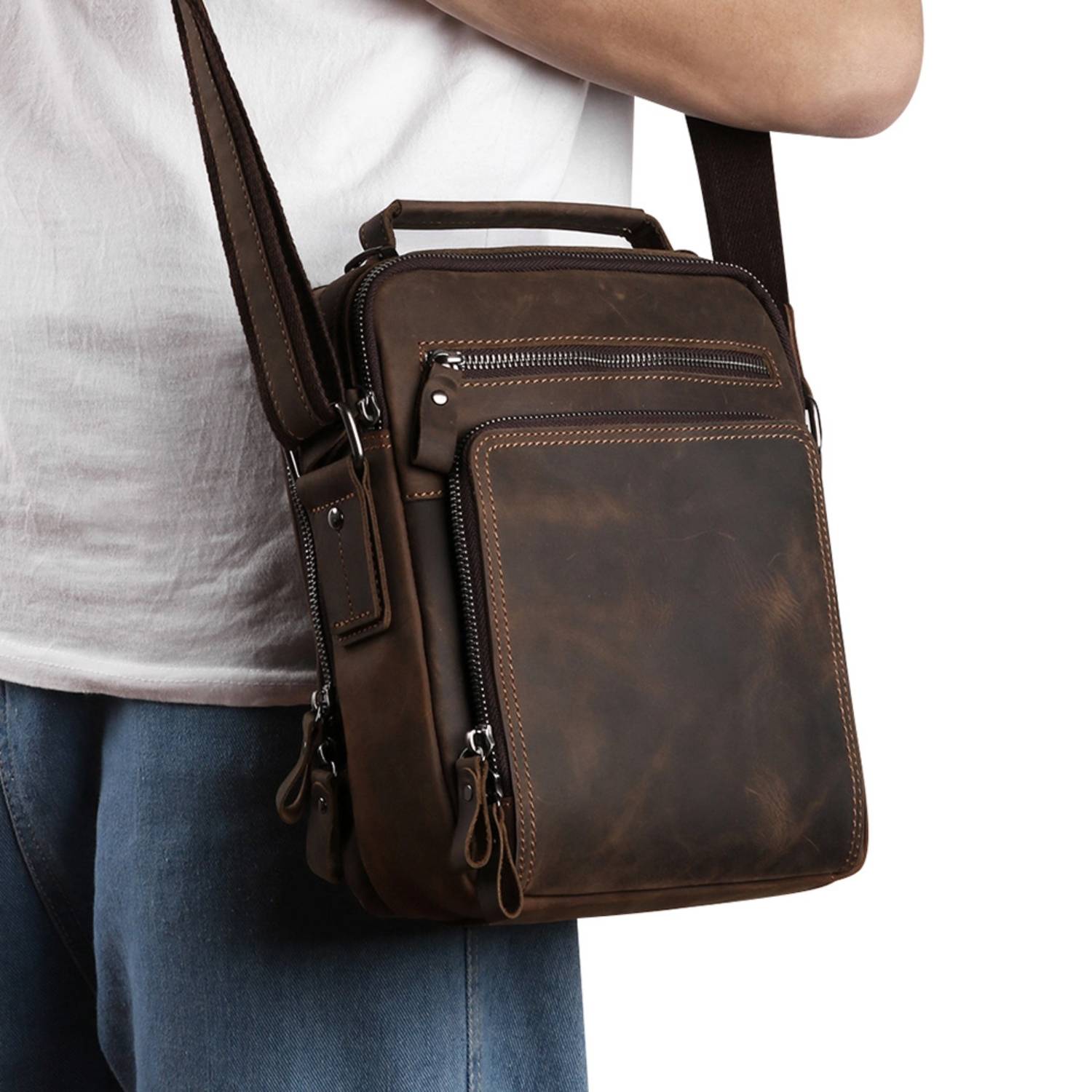 Large capacity genuine leather crossbody bag for men 4