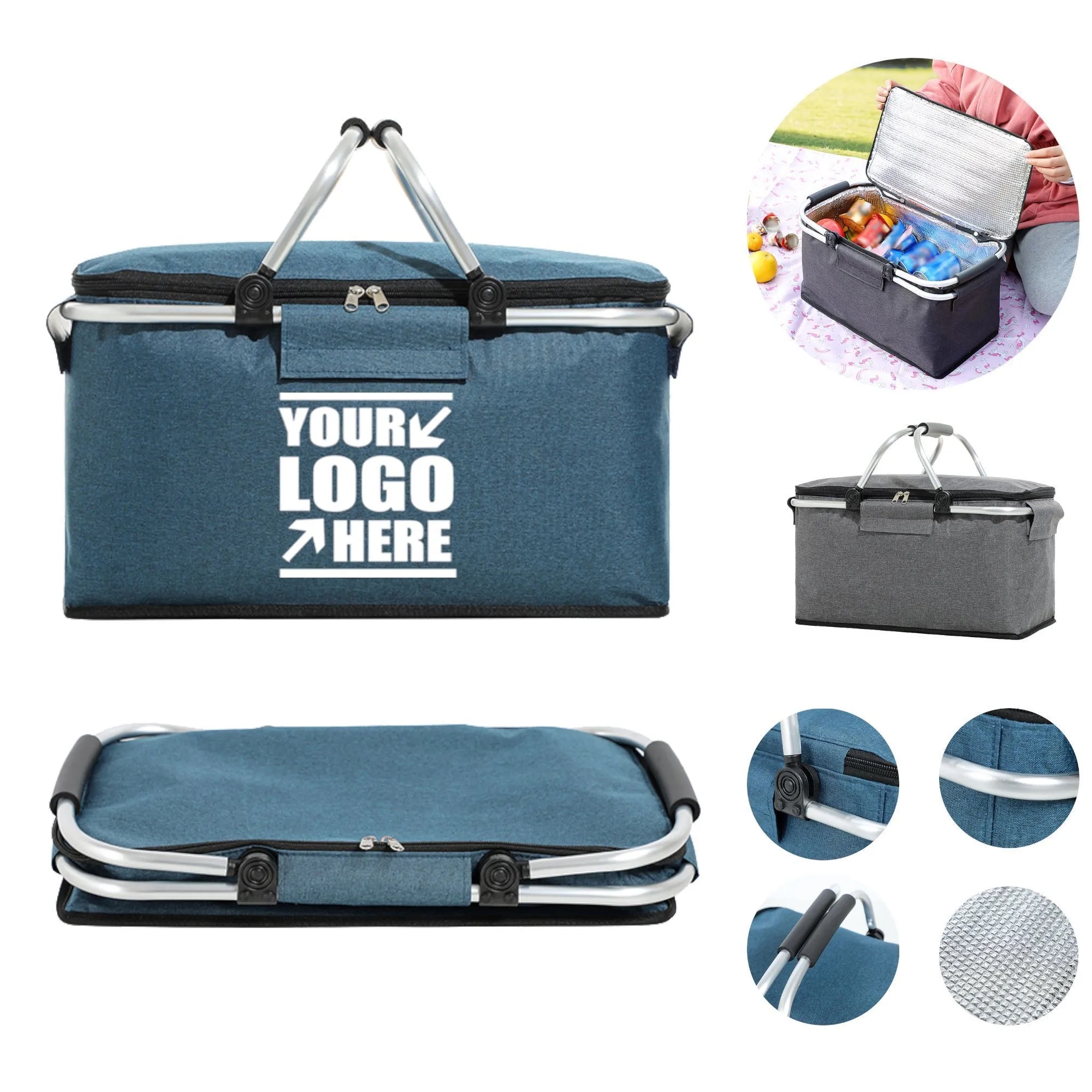 Custom Large Foldable Picnic Basket with Aluminum Handle 2