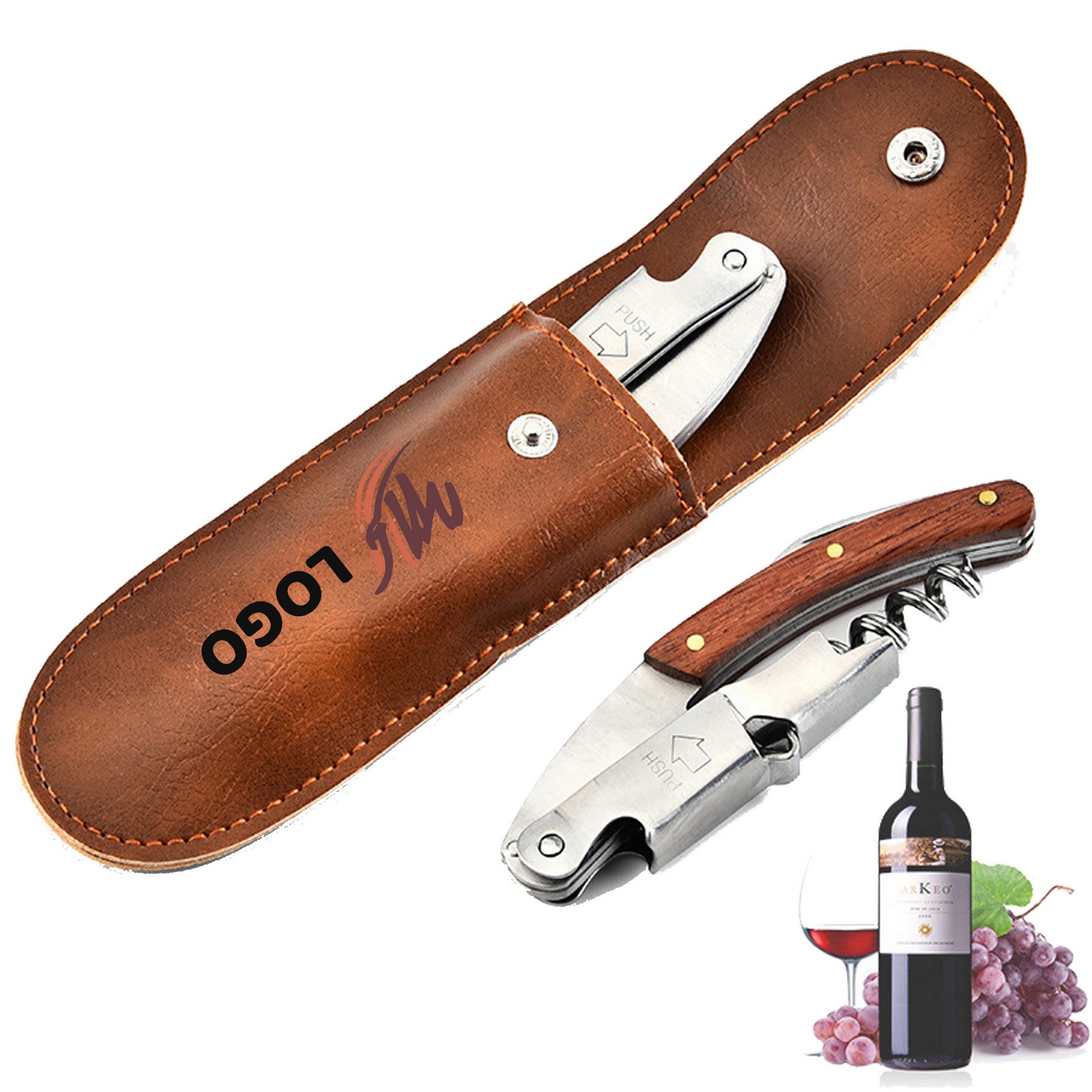 Wooden Wine Bottle Opener With Leather Sheath