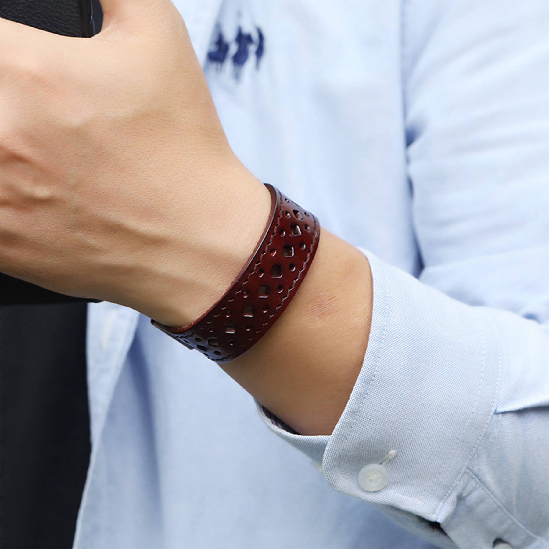 PU Vintage openwork wide leather bracelet 5