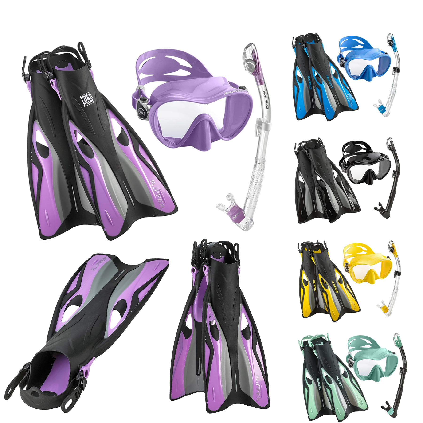 Premium Tempered Glass Lens Anti-Fog Panoramic Frameless Mask Fin Dry Snorkel Set 2