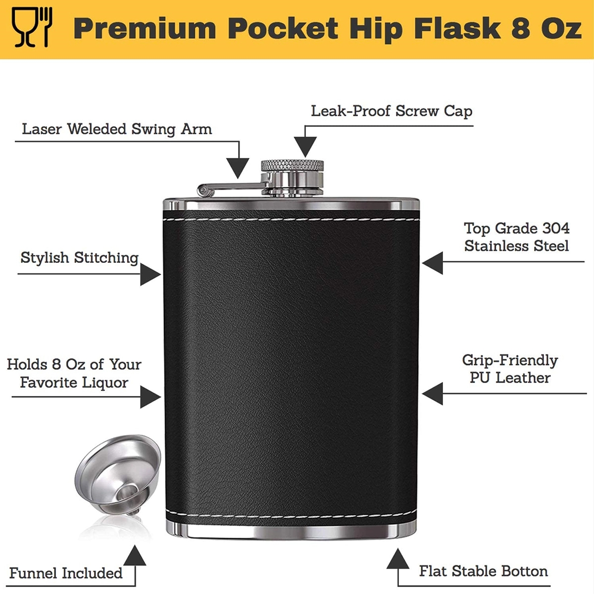 8 Oz Pocket Hip Flask With Funnel, custom water bottle with logo imprint 4