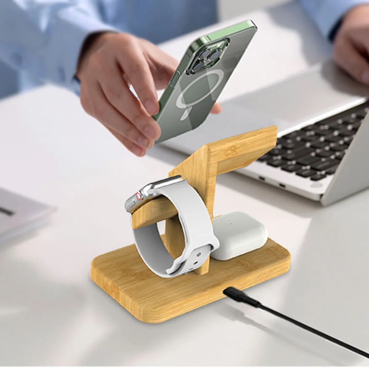 Bamboo Wireless Charging Stand For Phone Watch And Earbuds 4