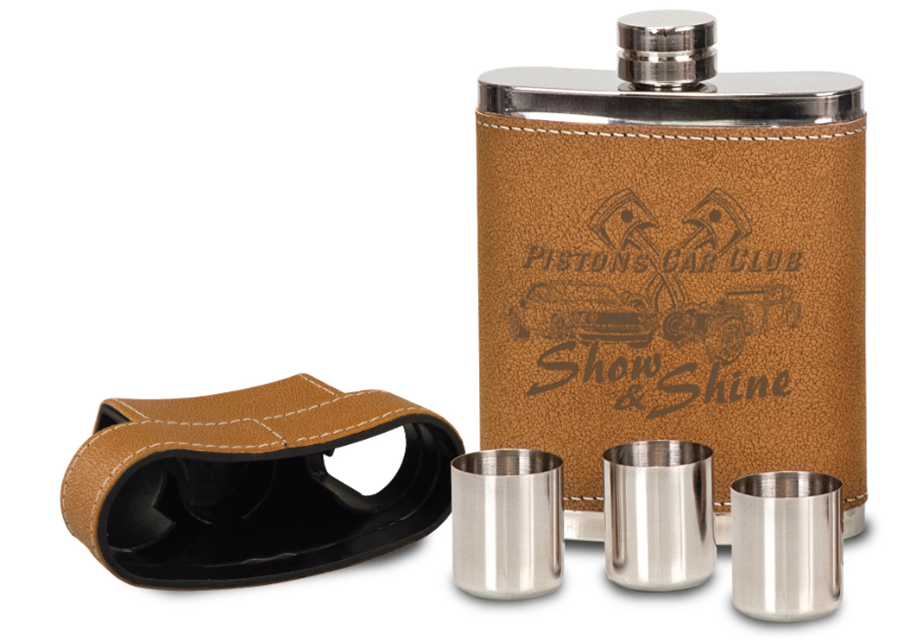 7 Oz. Leather Flask w/Lid & 3 Shot Glasses 2