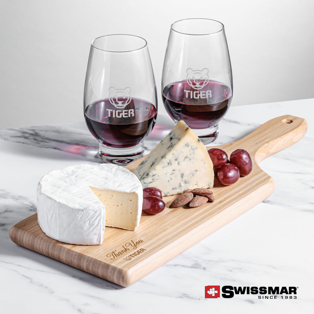 Swissmar® Bamboo Board & 2 Glenarden Stemless Wine 4